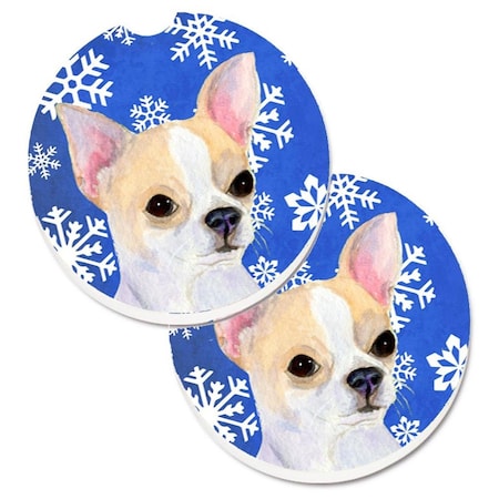 Carolines Treasures Chihuahua Winter Snowflakes Holiday Set of 2 Cup Holder Car Coaster SS4612CARC